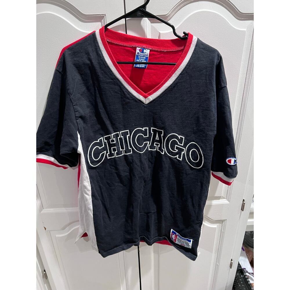 Vintage Champion Chicago Bulls Shooting Shirt NBA 90s V-Neck Jersey Medium USA